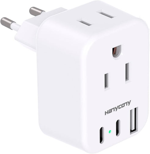 European Travel Plug Adapter USB C, US to Europe Plug Adapter with 2 Outlets 3 USB Ports, Type C Power Adapter for