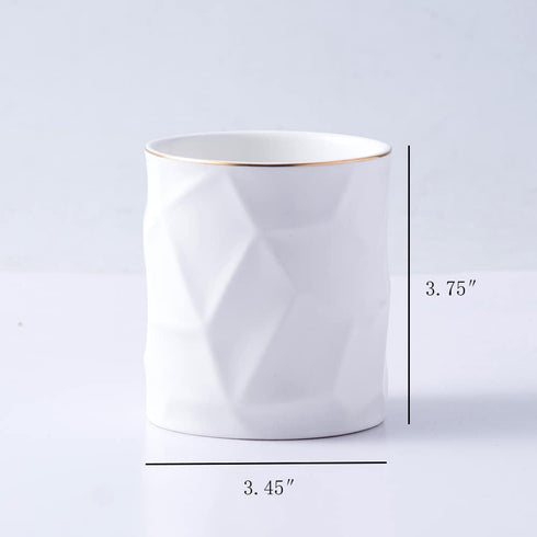 Ceramic Irregular Round Pen Holder, Cute Stand Gold Line Pencil Cup Pot, Desk Organizer for Girls Makeup Brushes, White