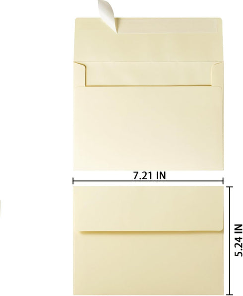 Wishop 100 Pack Cream A7 Self-Adhesive Envelopes for Invitations, 5x7 Greeting Cards (5.24 x 7.21 Inches)