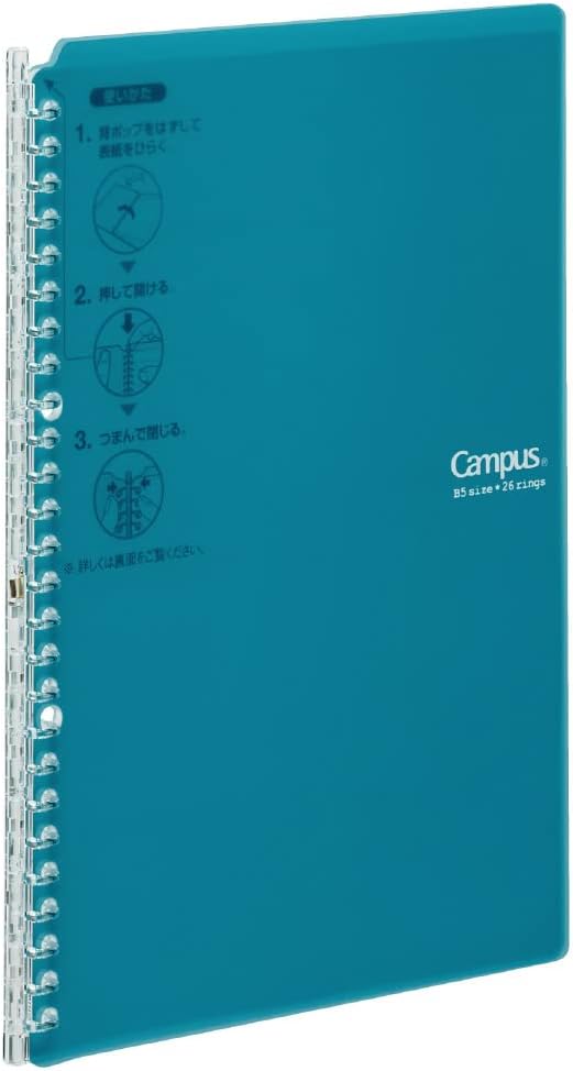 Kokuyo Campus Smart Ring Binder, B5, Blue Green, Up to 25 Sheets, 26 Holes Slim Binder with 10 Extra Loose-leaf Paper