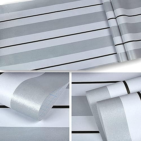 F1340-3 Stripe Peel and Stick Wallpaper Silver White/Black 17.7" x 9.8ft Removable Self-Adhesive Striped Contact Paper Vinyl Film for Furniture Renovation Home Decor by YIFU LIFE