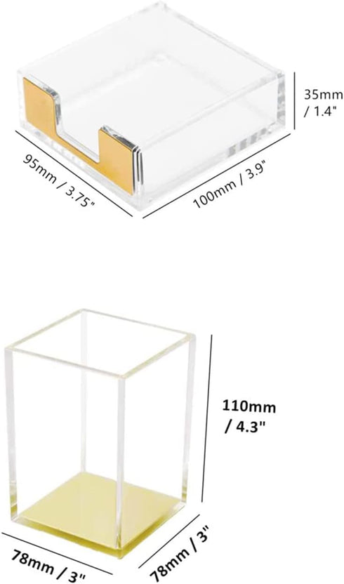 Clear Acrylic Body Bright Yellow Gold Tone Sticky Memo Pad Holder and Pen Holder Set for Office School Home Desk