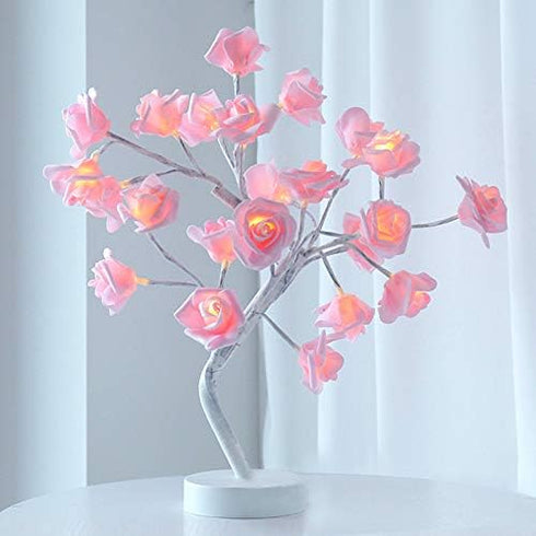 LenoRis 24 Table Lamp Rose Flower Desk Tree Lamp with Warm White LED Lights USB/Battery Operated Gift for Women Teens