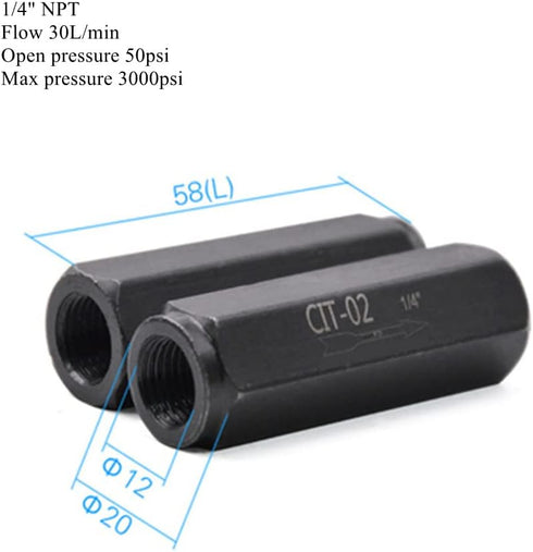 Hydraulic Check Valve 1/4" NPT Pump Oil 3000psi no Return Valve Single Way Carbon steel (1/4")