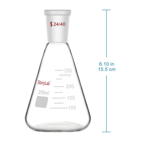 StonyLab 250ml Glass 24/40 Erlenmeyer Flask, Borosilicate Heavy Wall Flask with 24/40 Standard Taper Joint