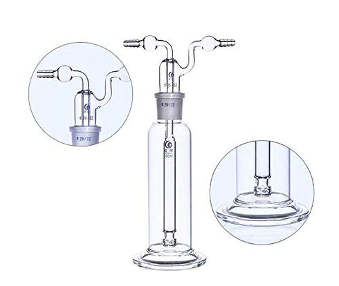 Lab Gas Washing Bottle Glass 250ML Vacuum Trap for Chemistry Lab Glassware Kit with Two Bend Tubes 29/32 Joint