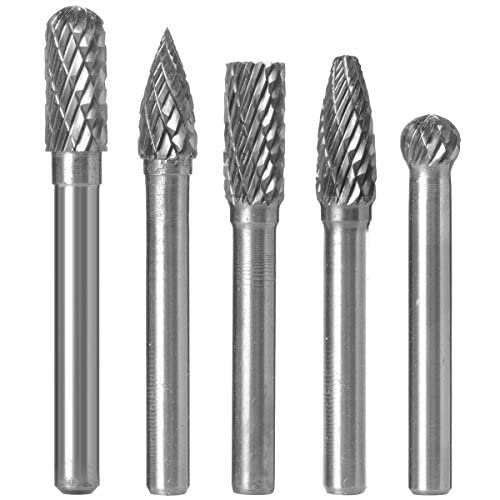 5pcs 1/4" Shank Diamond Burr Bits Set for Rotary Tool, 6x8mm Tungsten Carbide Files for Woodworking/Carving