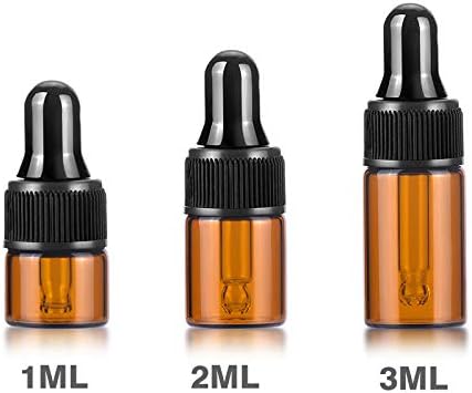 50 Pack 1ml Amber Glass Dropper Vials for Essential Oils, Empty Bottles with Black Screw Cap