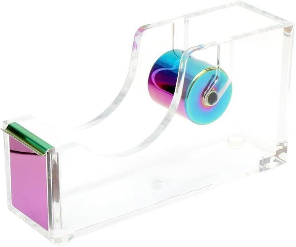 Rainbow Tape Dispenser - Clear Acrylic Holder for Office, School, Home Stationery Supplies (Clear & Rainbow Tone)