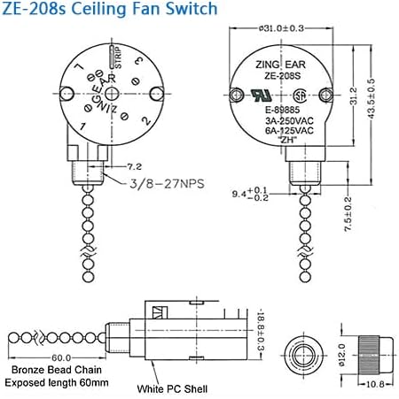 ZE-208s Ceiling Fan Switch - E89885 3 Speed 4 Wire Replacement Part, Pull Chain Speed Control Switch (Brass), 2 PCS