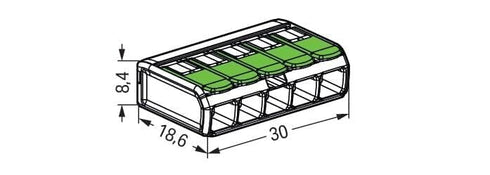 WAGO 221-425 Splicing Connector Green Range, 5-Conductor with levers for 24-12 AWG Conductors, Transparent housing (25