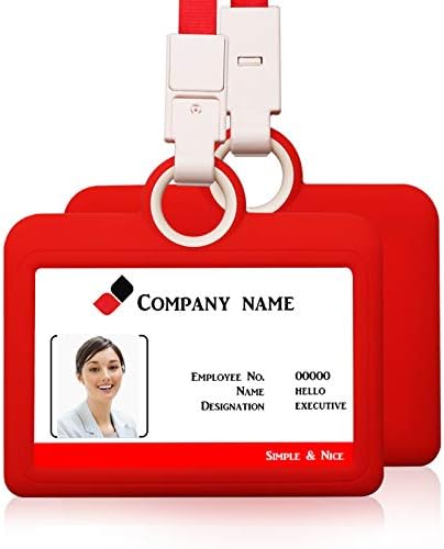 Badge Holder Silicone Horizontal ID Card Holder with Heavy Duty Lanyard Neck Strap for Offices Supplies (Red)