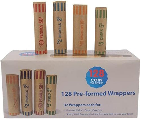 L LIKED Preformed Coin Wrappers Rolls (128 Assorted) - Quarters, Pennies, Nickels, and Dimes