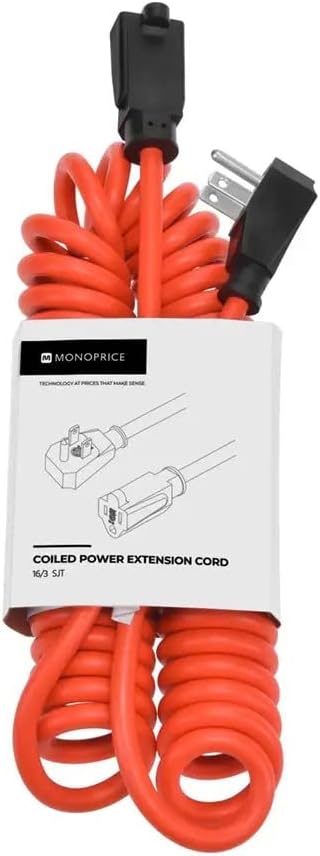 Monoprice Coiled Power Tool Extension Cord, NEMA 5-15P to 5-15R, Expands from 3 to 10 Feet, 13 Amp, 16AWG