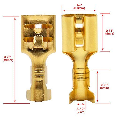 Baomain 100-Pack 1/4 inch Female Spade Quick Splice Crimp Terminals, 6.3mm Non Insulated Connector