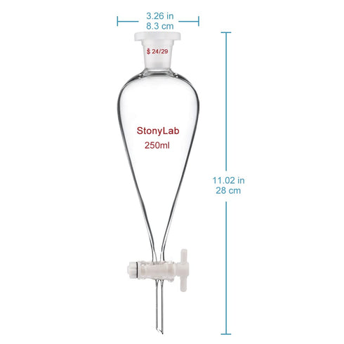 StonyLab Borosilicate Glass 250ml Heavy Wall Conical Separatory Funnel, 24/29 Joints, PTFE Stopcock