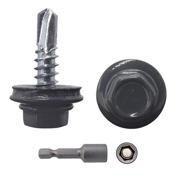 (Pack of 25) Metal Roofing Screws 3/16"" x 3/4"" (4.8 x 19 mm) Self-Drilling Screws with EPDM Washers, Anthracite Grey