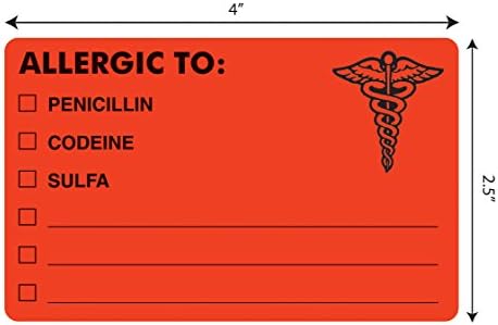 Allergy Warning Labels, Allergic to: Penicillin, Codeine, Sulfa, 2.5 X 4, Fluorescent Red, 100/roll by Tabbies