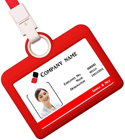 Badge Holder Silicone Horizontal ID Card Holder with Heavy Duty Lanyard Neck Strap for Offices Supplies (Red)