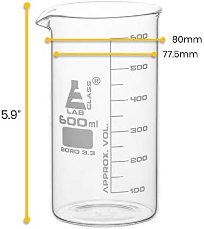 EISCO Beaker, 600ml - Tall Form with Spout - White, 50ml Graduations - Borosilicate 3.3 Glass by EISCO