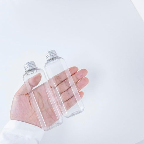 100ml Rectangle Bottles Travel Kit, Refillable PET Plastic Square Jar with Aluminium Screw Cap, 20pcs