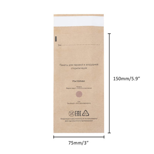100 Self-Sealing Cleaning Pouches, Dry Heat Autoclave Kraft Paper Cleaning Bags for Dentist Tools and Nail Art Supplies (75mm x 150mm)