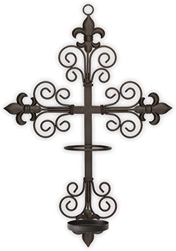 Fleur-de-lis Cross Wall Sconce with Candle Safety Guard Ring for All 8"
