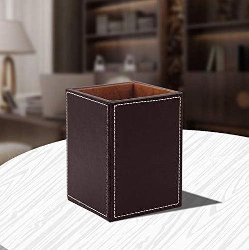 Black PU Leather Square Pens Pot - Pencils Holder Cup Desktop Stationery Organizer Case (L:3.35 x W:3.35 x H:4.72