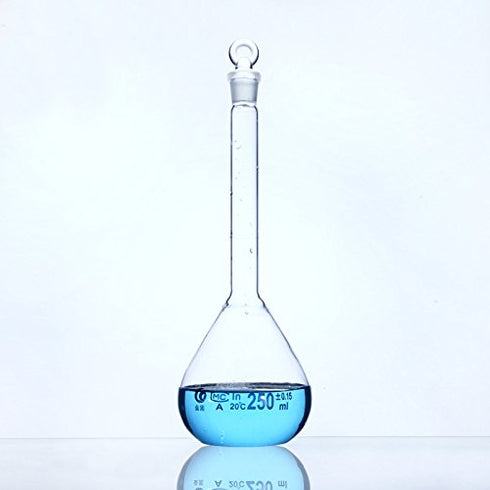 10ml Volumetric Flask with Grinding Stopper Class A Flat Bottom Printed Blue Graduations & Marking Spot, Borosilicate