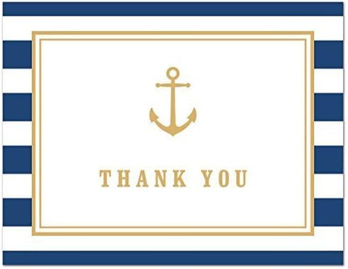 MyExpression.com 50 Pack Nautical Baby Shower Thank You Cards - in Navy Stripes with Gold Anchor
