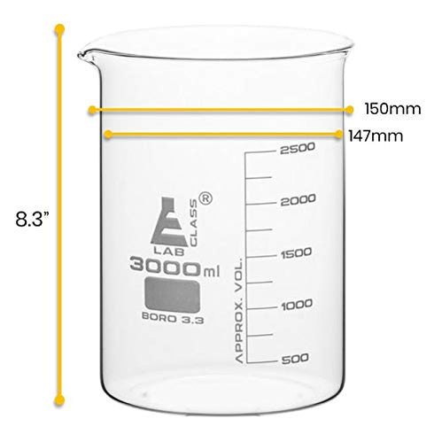 EISCO Beaker, 3000ml Low Form with Spout, White, 250ml Graduations, Borosilicate 3.3 Glass