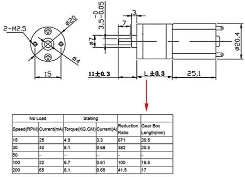 DC 12V Reversible High Reduction Electric Motor 15-200RPM, Outer Diameter 20MM