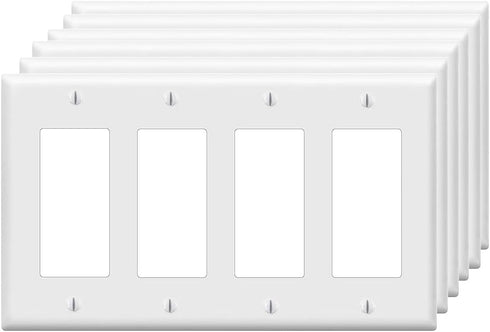 Decorator Wall Plates 4-Gang Switch Outlet Electrical Cover, Unbreakable Thermoplastic Faceplate, White (6 Pack)