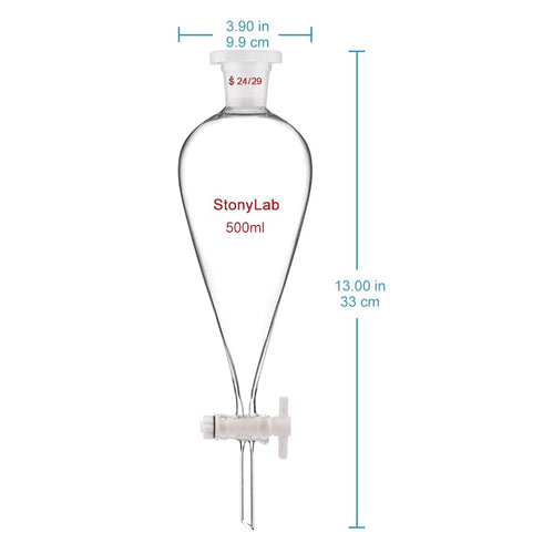 StonyLab Borosilicate Glass 500 ml Heavy Wall Conical Separatory Funnel with 24/29 Joints and PTFE Stopcock