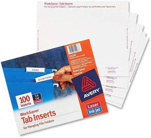 Avery Laser/Inkjet Inserts for Hanging File Folders, 1/5 Tab, 2in, White, 100/Pack - Sold as 2 Packs of 100, Total 200