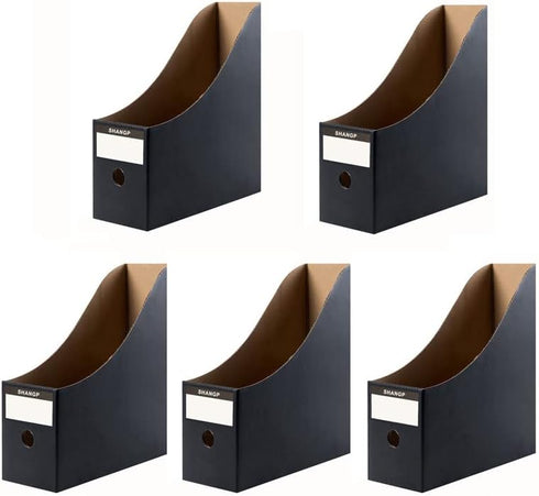 Foldable Desk File Holder Organizer - Sturdy Cardboard Magazine Storage Box with Blank Label Stickers, Matte Black