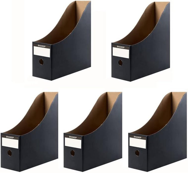 Foldable Desk File Holder Organizer - Sturdy Cardboard Magazine Storage Box with Blank Label Stickers, Matte Black