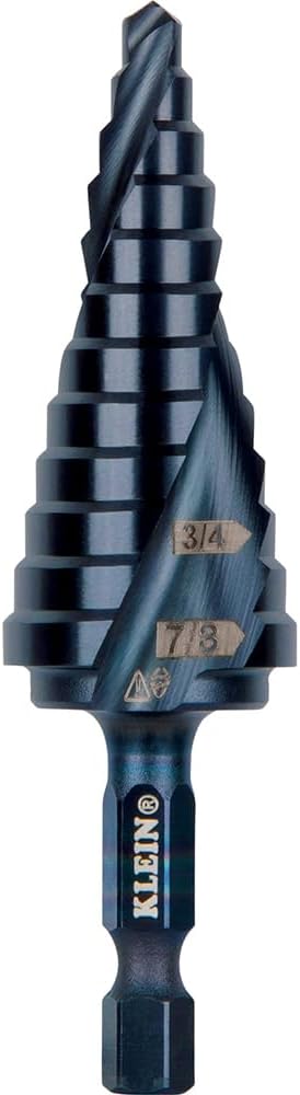 Klein Tools QRST14 Step Drill Bit, Quick Release, Spiral Double-Fluted, 3/16 to 7/8-Inch, Hex Shank, Cut Steel