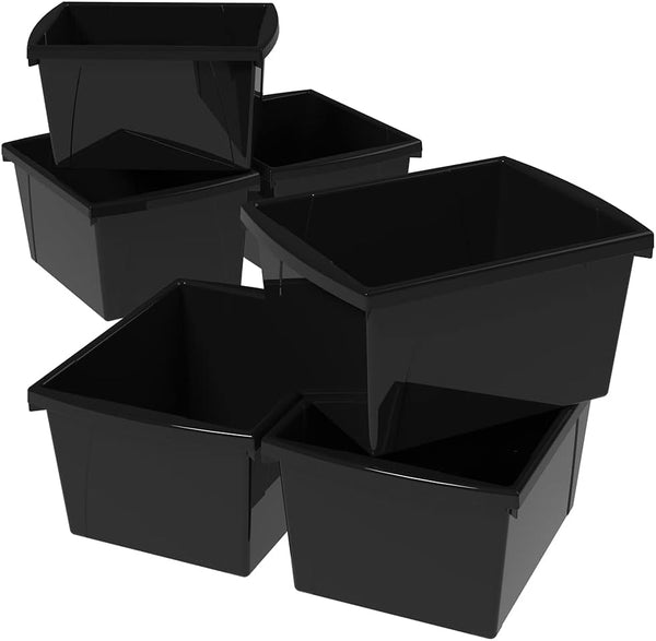 Storex 4 Gallon Storage Bin, Plastic Classroom Organizer for Books and Supplies, Black, 6-Pack (61466C06C)