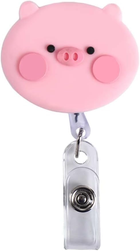 Pink Pig Retractable Badge Reel, Name Card Holder Lanyard, Cute Nurse Badge Holder for Office, School Supplies