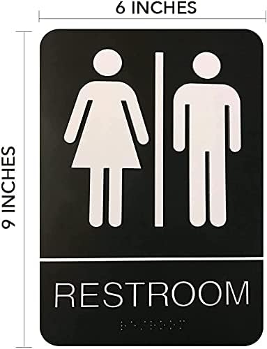 Unisex Braille Restroom Sign - 9 x 6 Inch with Graphical Symbols and Double Sided 3M Tape (Black)