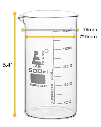 EISCO 6PK Beakers, 500ml Tall Form with Spout, White, 50ml Graduations, Borosilicate 3.3 Glass