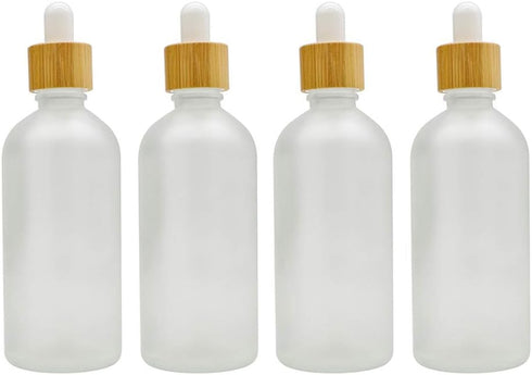 4 Pack Frosted Glass Dropper Bottles, 100ml/3.4oz Essential Oil Bottles with Eye Dropper and Bamboo Lids