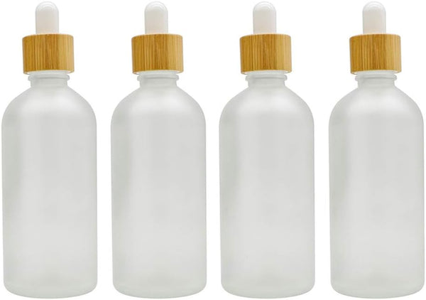4 Pack Frosted Glass Dropper Bottles, 100ml/3.4oz Essential Oil Bottles with Eye Dropper and Bamboo Lids