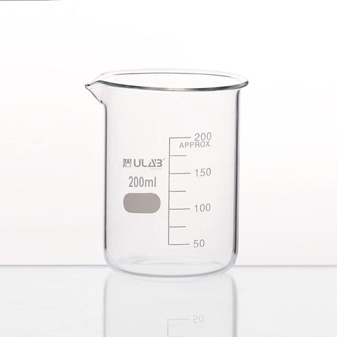 ULAB Scientific Glass Beakers, 200ml Vol., 3.3 Borosilicate Griffin Low Form, Pack of 4, UBG1032