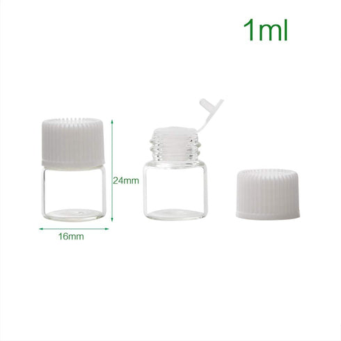 Enslz 50 Pcs Oil Bottles for Essential Oils 1 ml Transparent Glass Vials with Orifice Reducers, White Caps, 2 pcs