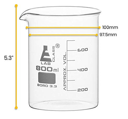 EISCO 6PK Beakers - 600mL Low Form with Spout, White Graduations, Borosilicate 3.3 Glass