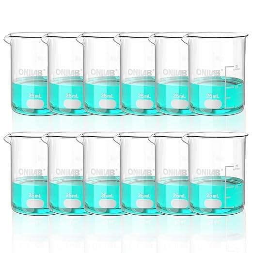 ONiLAB 12pcs Glass Beakers Shot Glass, Vol. 25ml, 3.3 Borosilicate Griffin Low Form with Printed Graduation