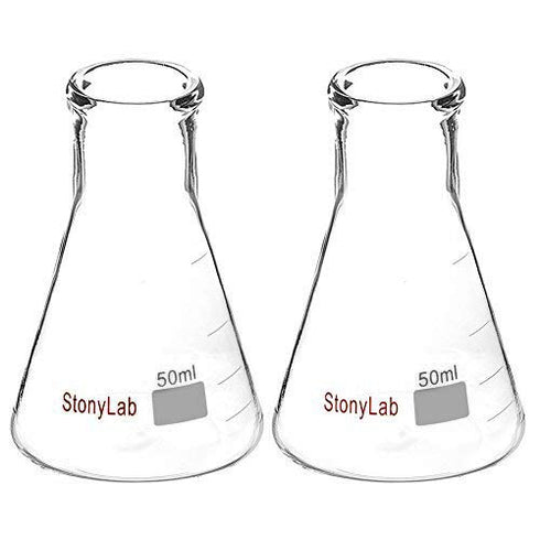 StonyLab 2-Pack Glass 50ml Heavy Wall Erlenmeyer Flasks - Narrow Mouth with Heavy Duty Rim
