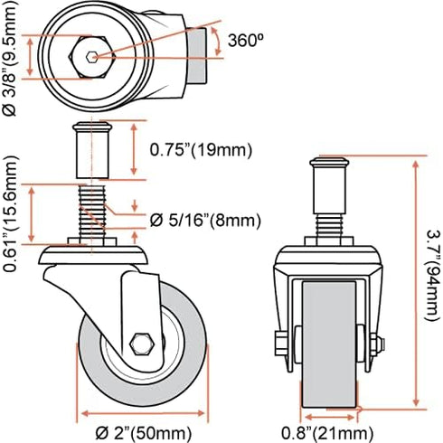 8 Pack 2" Heavy-Duty Low Profile Swivel Caster Wheel for Creeper Service Cart Stool Post Mount